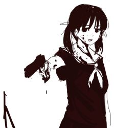 Rule 34 | 00s, 1girl, aiming, blood, blood on face, blood splatter, fukuzawa yumi, greyscale, gun, handgun, maria-sama ga miteru, monochrome, pistol, solo, weapon