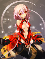 Rule 34 | 10s, 1girl, bare shoulders, black thighhighs, breasts, center opening, cleavage, elbow gloves, fingerless gloves, gloves, guilty crown, hair ornament, hairclip, looking at viewer, navel, pink hair, pondel, red eyes, sitting, solo, thighhighs, wariza, yuzuriha inori