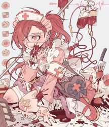 Rule 34 | 1girl, :d, absurdres, apron, armband, bandaged leg, bandages, black nails, blood, blood bag, bow, braid, cake, checkerboard cookie, commentary, cookie, crossed bandaids, dated commentary, dress, ear piercing, entrails, eyepatch, fang, food, fruit, full body, guro, hat, high ponytail, highres, knife, long hair, long sleeves, meremero, nail polish, nurse, nurse cap, open mouth, organs, original, piercing, pill, pink dress, puffy long sleeves, puffy sleeves, red hair, safety pin, skin fang, smile, socks, solo, strawberry, strawberry shortcake, syringe, thumbprint cookie, very long hair, white apron, white bow, white socks, yellow eyes