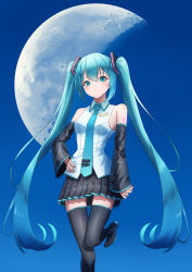 Rule 34 | 1girl, absurdres, amaama (beccyonaika1), aqua eyes, aqua hair, aqua necktie, bare shoulders, black footwear, black skirt, black sleeves, closed mouth, collared shirt, commentary, detached sleeves, gibbous moon, hair between eyes, hair ornament, hand on own hip, hatsune miku, highres, leg up, long hair, looking at viewer, moon, necktie, number tattoo, shirt, skirt, sky, sleeveless, sleeveless shirt, sleeves past wrists, solo, standing, standing on one leg, tareme, tattoo, thighhighs, twintails, vocaloid, white shirt, zettai ryouiki