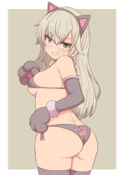 Rule 34 | 1girl, absurdres, animal ears, animal hands, ass, breasts, cat ears, cat paws, cleavage, gloves, highres, karee no sekai, looking at viewer, medium breasts, panties, paw gloves, sharp teeth, smile, smug, solo, teeth, thick thighs, thighhighs, thighs, underwear