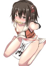 Rule 34 | 10s, 1girl, bit gag, blush, bound, breasts, brown eyes, brown hair, gag, gagged, kantai collection, sendai (kancolle), sendai kai ni (kancolle), shimouki izui, simple background, sitting, small breasts, solo, tears, tied up, translation request, wariza, white background
