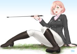Rule 34 | 1girl, 212 (kisaragi), :d, black coat, blush, bob cut, boots, braid, breast pocket, breasts, brown footwear, buttons, coat, copyright request, double-breasted, grass, green eyes, hand up, high heel boots, high heels, holding, knee boots, long sleeves, looking at viewer, medium breasts, on grass, open mouth, orange hair, pants, pink shirt, pocket, riding boots, riding crop, round teeth, shirt, short hair, side braid, signature, sitting, smile, solo, teeth, upper teeth only, white pants