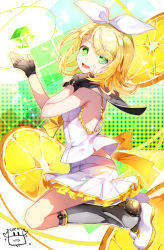 Rule 34 | 1girl, blonde hair, bow, crystal, fingerless gloves, floating, floating object, food, from side, fruit, gloves, green eyes, hair bow, hair ribbon, hand on own cheek, hand on own face, highres, kagamine rin, kagamine rin (vocaloid4), leg warmers, lemon, lemon slice, looking at viewer, open mouth, pleated skirt, ribbon, sailor collar, short hair, skirt, solo, vocaloid, yuuki kira