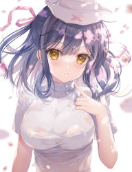Rule 34 | 1girl, :q, absurdres, black hair, blush, breasts, closed mouth, commentary request, dress, grey background, hair between eyes, hair ornament, hair ribbon, hairclip, hand up, hat, highres, large breasts, long hair, nurse, nurse cap, original, petals, pink ribbon, revision, ribbon, short sleeves, smile, solo, sousouman, tongue, tongue out, upper body, white dress, white hat, x hair ornament