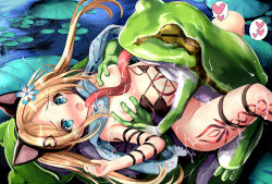 Rule 34 | 1girl, bestiality, blonde hair, blue eyes, blush, grabbing another&#039;s breast, breasts, frog, grabbing, kumakou, missionary, nipples, sex, twintails