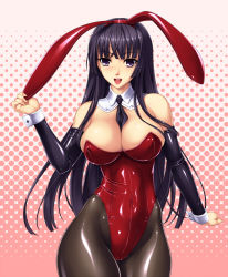 Rule 34 | 1girl, animal ears, between breasts, black hair, black pantyhose, blunt bangs, breasts, cleavage, covered erect nipples, cuffs, detached sleeves, fake animal ears, female focus, hime cut, hip focus, kamori sayaka, large breasts, latex, leotard, long hair, necktie, original, pantyhose, playboy bunny, purple eyes, rabbit ears, rindou (radical dream), shiny clothes, skin tight, solo, thick thighs, thighs, wide hips