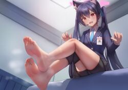 Rule 34 | 1girl, absurdres, animal ear fluff, animal ears, barefoot, black hair, blazer, blue archive, cat ears, collared shirt, earpiece, fang, feet, foreshortening, hair ribbon, highres, jacket, legs, long hair, miniskirt, necktie, panties, red eyes, ribbon, serika (blue archive), shirt, short shorts, shorts, skirt, smell, soles, solo, steaming body, taichi suzuki, thighs, toes, twintails, two-tone gloves, underwear