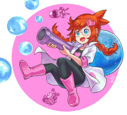 Rule 34 | 1girl, 2boys, blue eyes, boots, braid, bubble, comma03, dr. crygor, glasses, heart, innertube, lab coat, low twin braids, low twintails, mike (warioware), multiple boys, nintendo, open mouth, penny crygor, pink footwear, robot, smile, swim ring, twin braids, twintails, warioware