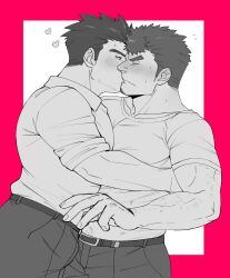 Rule 34 | 2boys, bad id, bad pixiv id, bara, closed eyes, facial hair, feet out of frame, from side, goatee, goatee stubble, greyscale with colored background, hug, inset border, jewelry, kiss, large pectorals, long sideburns, loving aura, male focus, multiple boys, muscular, muscular male, nervous sweating, oskn tengoku, outside border, pectoral docking, pectoral press, pectorals, profile, protagonist 3 (housamo), red background, ring, short hair, shy, sideburns, sparse chest hair, stubble, surprise kiss, surprised, sweat, takabushi kengo, thick eyebrows, tokyo houkago summoners, two-tone background, v-shaped eyebrows, yaoi