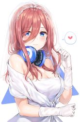 Rule 34 | 1girl, absurdres, bare shoulders, blue eyes, breasts, bridal veil, brown hair, cleavage, closed mouth, dress, gloves, go-toubun no hanayome, hair between eyes, headphones, headphones around neck, heart, highres, holding, holding own hair, large breasts, long hair, looking at viewer, nakano miku, off-shoulder dress, off shoulder, solo, tokkyu, upper body, veil, wedding dress, white dress, white gloves