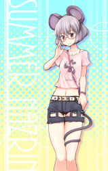 Rule 34 | 1girl, alternate costume, animal ears, belt, bespectacled, character name, disney, dra (area-s), glasses, jewelry, mickey mouse, midriff, mouse ears, mouse tail, navel, nazrin, pendant, popeye the sailor, red-framed eyewear, red eyes, short hair, shorts, silver hair, smile, solo, tail, touhou