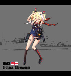 Rule 34 | + +, 1girl, absurdres, bandaid, blonde hair, blush, character name, english text, closed eyes, glowworm (warship girls r), hair between eyes, hair ornament, highres, kneehighs, letterboxed, long hair, official art, photo background, royal navy, scarf, sirills, socks, solo, sweater, tears, torn clothes, torn scarf, torn sweater, turret, twintails, warship girls r, wavy hair, zhan jian shaonu