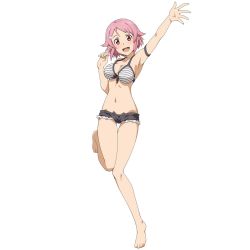 Rule 34 | 10s, 1girl, arm up, armpits, barefoot, bikini, bikini top only, breasts, cleavage, cutoffs, feet, freckles, front-tie top, full body, highres, lisbeth (sao), lisbeth (sao-alo), looking at viewer, medium breasts, navel, official art, open mouth, pink eyes, pink hair, pointy ears, short hair, short shorts, shorts, simple background, solo, striped bikini, striped bikini top, striped clothes, swimsuit, sword art online, sword art online: code register, thigh gap, toes, white background