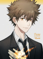 Rule 34 | 1boy, black jacket, black necktie, bow, brown hair, character name, closed mouth, collared jacket, collared shirt, fire, formal, gloves, grey background, jacket, katekyo hitman reborn!, looking at viewer, male focus, multicolored background, necktie, orange bow, ru (famia), sawada tsunayoshi, shirt, short hair, simple background, smile, solo, spiked hair, striped clothes, striped shirt, suit, upper body, x gloves (reborn)