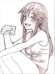 Rule 34 | 1girl, :d, bare arms, bare legs, blush, brown theme, commentary, cup, drinking glass, fangs, fingernails, greyscale, haioku colonel, hair ornament, hairclip, highres, himekawa yuki, holding, holding cup, idolmaster, idolmaster cinderella girls, light smile, long hair, looking at viewer, monochrome, open mouth, short shorts, shorts, shot glass, sitting, sketch, smile, tank top, teeth, traditional media, upper teeth only, white background