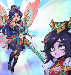 Rule 34 | 2girls, annoyed, black hair, black pantyhose, breasts, cleavage, colored skin, detached sleeves, earrings, flying, fur-trimmed sleeves, fur trim, hair bun, hair ornament, holding, holding sword, holding weapon, immortal journey kayle, jewelry, kayle (league of legends), league of legends, long hair, long sleeves, lunar wraith morgana, medium breasts, medium hair, morgana (league of legends), multiple girls, open mouth, pantyhose, phantom ix row, pink skin, red eyes, siblings, sisters, sword, teeth, tongue, tongue out, upper teeth only, weapon