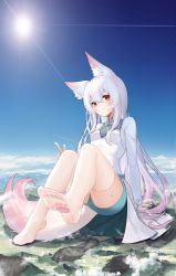 Rule 34 | 1girl, :3, absurdres, animal ear fluff, animal ears, arm support, blue sky, breasts, chaoslive, cloud, collared dress, day, destruction, dress, feet, foot focus, foot up, footprints, fox ears, fox girl, fox tail, full body, garter straps, giant, giantess, gradient hair, green shorts, highres, long hair, long sleeves, medium breasts, mountain, multicolored hair, natalia (chaoslive), no shoes, official art, on floor, outdoors, paw print, paw print pattern, pink hair, red eyes, shorts, side slit, sitting, sky, solo, sun, tail, thighhighs, v, virtual youtuber, white dress, white hair, white thighhighs