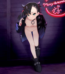 Rule 34 | 1girl, absurdres, against wall, ankle boots, asymmetrical bangs, black choker, black footwear, black hair, black jacket, blush, boots, breasts, choker, cleft of venus, closed mouth, creatures (company), earclip, eyelashes, female focus, full body, game freak, ginji74, green eyes, hair ornament, hair ribbon, highres, jacket, jewelry, leaning forward, leg up, long hair, looking at viewer, marnie (pokemon), merry christmas, naked jacket, navel, nintendo, nipples, open clothes, open jacket, pokemon, pokemon swsh, pussy, red ribbon, ribbon, small breasts, solo, standing, standing on one leg, uncensored