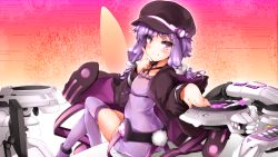 Rule 34 | 1girl, dress, drum, drum set, hair ornament, hat, instrument, jacket, kazetto, long sleeves, looking at viewer, low twintails, open clothes, open jacket, purple dress, purple eyes, purple hair, purple thighhighs, sitting, smile, solo, thighhighs, thighs, twintails, vocaloid, voiceroid, yuzuki yukari, zettai ryouiki