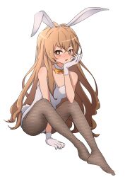 Rule 34 | 1girl, aisaka taiga, animal ears, bow, bowtie, brown eyes, commission, detached collar, fishnet pantyhose, fishnets, gloves, hand on own chin, highres, leotard, light brown hair, long hair, nishizuki shino, pantyhose, playboy bunny, rabbit ears, rabbit tail, simple background, sitting, solo, strapless, strapless leotard, tail, toradora!, white background, white gloves, white leotard, yellow bow, yellow bowtie