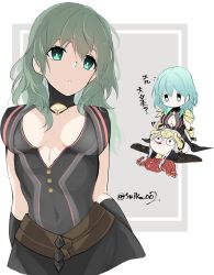 Rule 34 | 2girls, black gloves, blood, blush, breasts, byleth (female) (fire emblem), byleth (fire emblem), cleavage, cleavage cutout, clothing cutout, covered navel, edelgard von hresvelg, fingerless gloves, fire emblem, fire emblem: three houses, fire emblem cipher, gloves, green eyes, green hair, headpiece, highres, horns, ijiro suika, large breasts, medium hair, multiple girls, nintendo, nosebleed, parted lips, simple background, twitter username, upper body, white hair, yuri