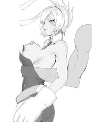 Rule 34 | 1boy, 1girl, animal ears, animal hands, bad id, bad pixiv id, bare shoulders, battle bunny riven, blush, bow, bowtie, breasts, detached collar, disembodied limb, fake animal ears, gloves, grabbing, grabbing another&#039;s breast, grabbing from behind, greyscale, hairband, hetero, highres, kumiko shiba, league of legends, leotard, medium breasts, monochrome, nipples, oversized breast cup, pantyhose, paw gloves, playboy bunny, rabbit ears, rabbit tail, riven (league of legends), short hair, solo focus, sweatdrop, tail