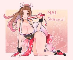 Rule 34 | 1girl, breasts, brown eyes, brown hair, character name, cleavage, curvy, fatal fury, folding fan, hand fan, holding, holding fan, large breasts, long hair, looking at viewer, matching hair/eyes, ninja, pelvic curtain, ponytail, revealing clothes, shiranui mai, smile, solo, thick thighs, thighs, yumecan2