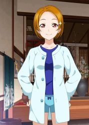 Rule 34 | 10s, 1girl, artist request, collarbone, hair ornament, hairclip, hands on own hips, looking at viewer, love live!, love live! school idol festival, love live! sunshine!!, official art, open clothes, orange hair, red eyes, short hair, shorts, smile, solo, standing, takami mito