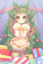 Rule 34 | 1girl, blush, bow, box, breasts squeezed together, breasts, christmas, christmas ornaments, christmas tree, colored eyelashes, colored sclera, convenient censoring, dryad, dunceneygak, earrings, eyebrows, gift, gift box, highres, horns, huge breasts, jewelry, leaf, looking at viewer, monster girl, naked ribbon, navel, nude, original, personification, plant girl, red eyes, red sclera, ribbon, smile, snowing, solo, star (symbol), thigh gap, wood, wrapped up, yellow eyes