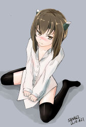 Rule 34 | 10s, 1girl, 2015, bei wan huai de muou, black thighhighs, blush, brown eyes, brown hair, collarbone, dated, dress shirt, flat chest, frown, grey background, headband, headgear, highres, kantai collection, long sleeves, looking at viewer, naked shirt, shadow, shirt, short hair, signature, simple background, sitting, sketch, sleeves past wrists, solo, taihou (kancolle), tears, thighhighs, v arms, wariza, white shirt