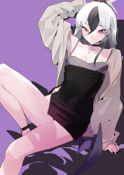 Rule 34 | 1girl, armpits, black choker, black dress, black hair, black horns, black nails, blue archive, blush, breasts, choker, cleavage, closed mouth, demon horns, dress, fingernails, foot out of frame, grey halo, grey jacket, hair between eyes, halo, horns, ikuchan kaoru, jacket, kayoko (blue archive), kayoko (dress) (blue archive), knee up, legs, long hair, long sleeves, looking at viewer, multicolored hair, nail polish, official alternate costume, open clothes, open jacket, purple background, red eyes, revision, simple background, sitting, sleeveless, sleeveless dress, small breasts, solo, white hair, wings
