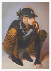 Rule 34 | 1girl, absurdres, baseball cap, black footwear, black hat, brown eyes, brown pants, cigarette, fire, hat, highres, jewelry, jnkku, lighter, necklace, original, pants, parted lips, shadow, shoes, sleeves past wrists, solo, squatting, swastika, tattoo