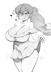Rule 34 | 1girl, absurdres, blush, breasts, cleavage, clothes lift, dress, freckles, frills, glasses, greyscale, gs16 (chug), heart, heavy breathing, highres, huge breasts, jourjii, long hair, looking at viewer, monochrome, motion lines, nervous, nervous smile, original, round eyewear, short dress, shoulderless dress, skirt, skirt lift, smile, sweat, thick thighs, thighs, tight clothes, tight dress, white background