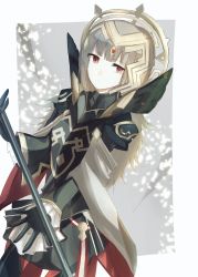 Rule 34 | 1girl, armor, black armor, black gloves, cape, closed mouth, crown, fire emblem, fire emblem heroes, gloves, grey hair, hair ornament, highres, long hair, long sleeves, miroia, red eyes, shoulder armor, solo, veronica (fire emblem)