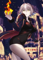 Rule 34 | 1girl, ahoge, black dress, blonde hair, dress, embers, fate/grand order, fate (series), fire, fireball, fur trim, holding, holding sword, holding weapon, jacket, jeanne d&#039;arc (fate), jeanne d&#039;arc alter (fate), jeanne d&#039;arc alter (ver. shinjuku 1999) (fate), murio, official alternate costume, solo, sword, weapon, yellow eyes
