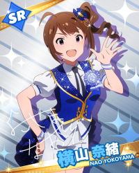 Rule 34 | 10s, 1girl, :d, ahoge, brown hair, card (medium), character name, character signature, gradient background, grateful blue (idolmaster), idolmaster, idolmaster million live!, looking at viewer, million live card, necktie, official art, open mouth, side ponytail, signature, silver background, smile, solo, sparkle, striped background, vest, yokoyama nao