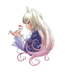 Rule 34 | 1girl, animal, black jacket, black nails, blush, closed mouth, cropped torso, from side, half-closed eyes, hand up, heart, highres, holding, holding animal, in palm, jacket, layered sleeves, long hair, long sleeves, looking at animal, magari (c0rn3r), mouse (animal), nora cat, nora cat channel, red eyes, simple background, smile, solo, two side up, virtual youtuber, white background, white hair, wide sleeves