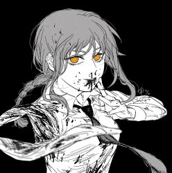 Rule 34 | 1girl, black background, blood, blood from mouth, blood on clothes, blood on face, blood splatter, braid, chainsaw man, collared shirt, fighting, long hair, long sleeves, makima (chainsaw man), missing limb, mumei kairi, necktie, nosebleed, orange eyes, ponytail, shirt, sleeves past elbows, smile, solo, unusual pupils, watermark, white shirt
