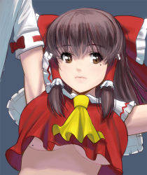Rule 34 | 1girl, arm up, armpits, arms up, ascot, black hair, blue background, bow, breasts, brown eyes, brown hair, crop top, crop top overhang, detached sleeves, expressionless, frills, hair bow, hair tubes, hakurei reimu, japanese clothes, kouno (masao), large breasts, lips, lolita fashion, long hair, looking at viewer, midriff, miko, mole, mole on breast, mole under eye, no bra, ribbon trim, sidelocks, simple background, solo, touhou, underboob, upper body