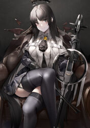 Rule 34 | 1girl, absurdres, ahoge, antenna hair, arknights, ascot, black ascot, black background, black eyes, black garter straps, black gloves, black hair, black halo, black skirt, black thighhighs, black wings, blunt bangs, bow (music), breasts, broken halo, cello, chinese commentary, closed mouth, collared jacket, commentary request, couch, crossed legs, dark halo, detached wings, elbow gloves, energy wings, feet out of frame, garter straps, gloves, gluteal fold, halo, hand up, highres, hime cut, holding, holding bow (music), holding instrument, holding violin, instrument, jacket, light, long hair, looking at viewer, lubikaya, medium breasts, mole, mole under eye, on couch, short-sleeved jacket, short sleeves, sidelocks, sitting, sitting on object, skindentation, skirt, smile, solo, thighhighs, thighs, very long hair, violin, virtuosa (arknights), white jacket, wings, zettai ryouiki