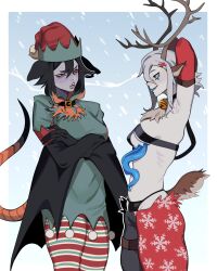 Rule 34 | 2girls, absurdres, animal ears, antlers, armpits, arms up, bat girl, bell, belt, belt collar, black belt, black ears, black hair, black panties, blue background, borrowed character, breasts, chest mouth, christmas, collar, colored skin, crossed arms, dark, deer tail, extra mouth, fangs, from side, hand on own hip, hat, highres, horns, looking ahead, lowleg, lowleg pants, medium hair, mimi (milktiddyboy), monster girl, multiple girls, neck bell, nyvee (milkytiddyboy), open mouth, original, panties, pants, pantyhose, porqueloin, purple skin, red eyes, reindeer antlers, ribbon, santa hat, simple background, small breasts, snowing, striped clothes, striped pantyhose, tail, tongue, tongue out, underwear, white hair, winged arms, wings