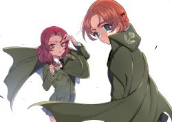 Rule 34 | 10s, 2girls, adjusting hair, alternate costume, bad id, bad twitter id, black bow, black legwear, black skirt, blue eyes, bow, braid, brown eyes, cape, closed mouth, commentary, cup, dress shirt, from behind, from side, frown, girls und panzer, green cape, green jacket, hair bow, holding, jacket, long sleeves, looking at another, looking back, miniskirt, multiple girls, necktie, orange hair, orange pekoe (girls und panzer), parted bangs, parted lips, pleated skirt, red hair, rosehip (girls und panzer), shirt, short hair, shutou mq, skirt, standing, teacup, twin braids, white background, white shirt, wind