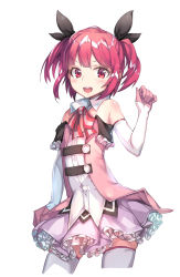Rule 34 | 1girl, bare shoulders, black ribbon, detached collar, dress, frilled dress, frilled skirt, frills, gloves, hair ribbon, looking at viewer, magical girl, newey, open mouth, original, red eyes, red hair, ribbon, short twintails, skirt, solo, standing, teeth, thighhighs, twintails, white background, white gloves, white thighhighs