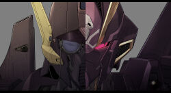 awatobi commentary_request crossbone_gundam crossbone_gundam_x-2 den&#039;an_gei glowing glowing_eye grey_background gundam gundam_f91 highres letterboxed looking_at_viewer mecha mecha_focus mobile_suit no_humans portrait red_eyes robot science_fiction simple_background skull_and_crossbones split_screen straight-on v-fin