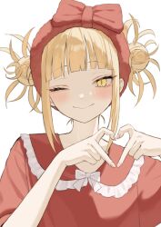 Rule 34 | 1girl, blonde hair, blush, boku no hero academia, bow, closed mouth, collar, frilled collar, frills, hairband, heart, heart hands, highres, kiina (mrnsor), looking at viewer, one eye closed, red hairband, shirt, simple background, smile, solo, toga himiko, white background, yellow eyes
