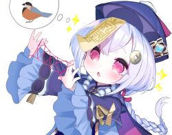 Rule 34 | 1girl, arms up, bandaged arm, bandages, bead necklace, beads, bird, blush, braid, braided ponytail, cat&#039;s cradle, coin hair ornament, dress, genshin impact, hair ornament, hat, highres, jewelry, jiangshi, long hair, long sleeves, looking at object, necklace, ofuda, ofuda on head, open mouth, pale skin, purple dress, purple eyes, purple hair, purple hat, qingdai guanmao, qiqi (genshin impact), solo, sparkle, thought bubble, upper body, vision (genshin impact), white background, wide sleeves, yinpa (wanone500511)