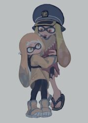 Rule 34 | 2girls, agent 3 (splatoon), agent 3 (splatoon 3), black pantyhose, blue hat, carrying, closed mouth, dr mice, full body, grey background, hat, highres, inkling, inkling girl, inkling player character, jacket, long sleeves, multiple girls, nintendo, open mouth, orange eyes, orange hair, pantyhose, patchwork clothes, sandals, shoes, simple background, splatoon (series), splatoon 3, sweat, tentacle hair, twintails, yellow eyes, yellow jacket