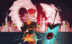 Rule 34 | 1girl, absurdres, cityscape, commentary, cyberpunk, english commentary, closed eyes, feather collar, glowing, glowing sword, glowing weapon, highres, huge weapon, joy lan, lips, lipstick, makeup, nose, planted sword, planted, red (transistor), red hair, short hair, sword, the transistor, transistor (game), weapon