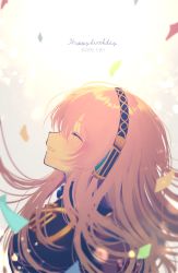 Rule 34 | 1girl, backlighting, black shirt, blurry, blurry foreground, commentary, confetti, dated, depth of field, closed eyes, facing up, floating hair, from side, gold trim, hairband, happy birthday, headphones, highres, long hair, megurine luka, oy0y0, parted lips, pink hair, shirt, smile, solo, upper body, vocaloid